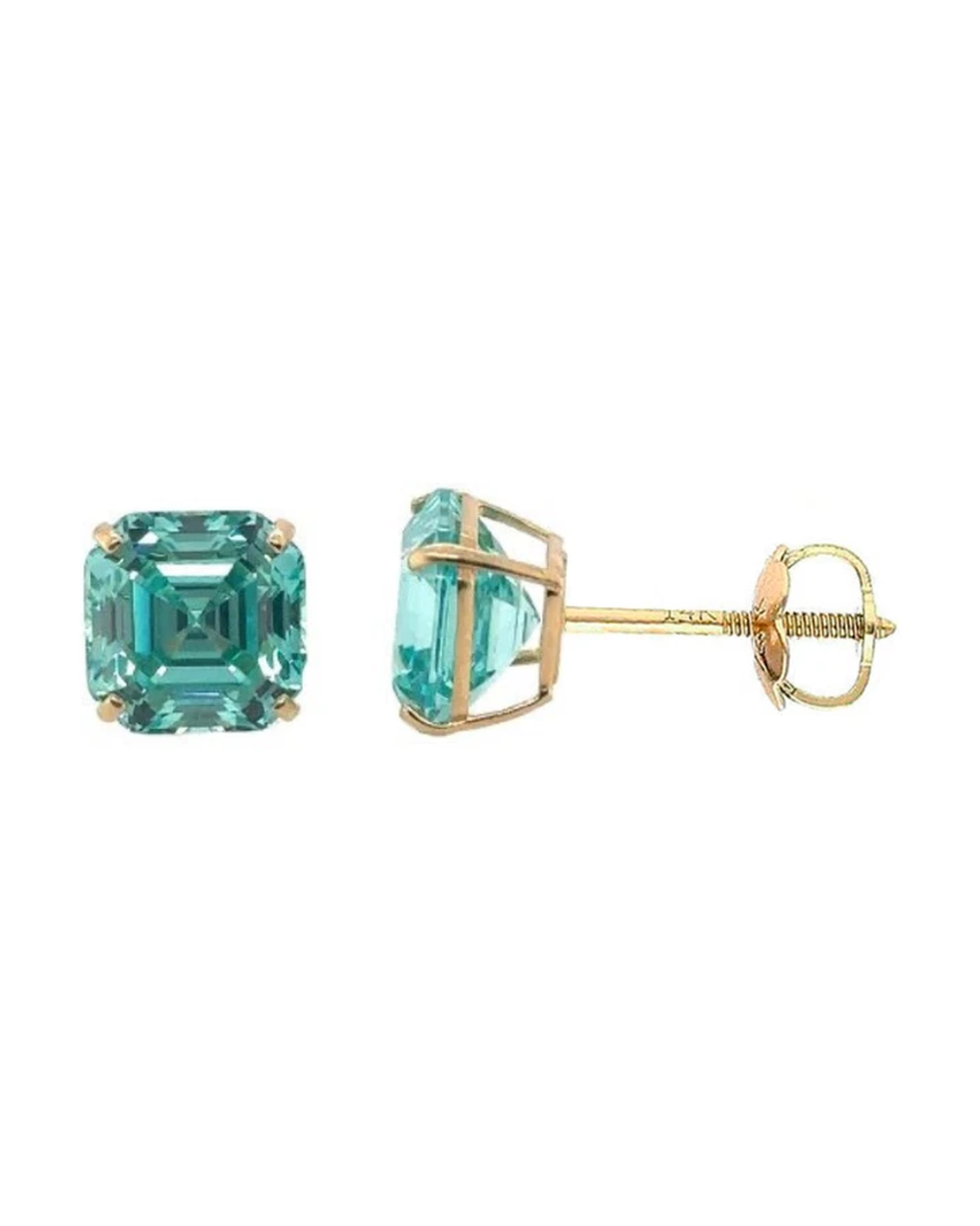 14K Yellow Gold Asscher Cut CZ Stud Earrings with Screw Back - 5mm to 10mm