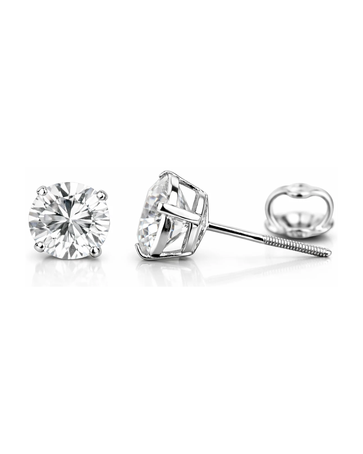 14K White Gold Round CZ Stud Earrings with Screw Back - 3mm to 12mm