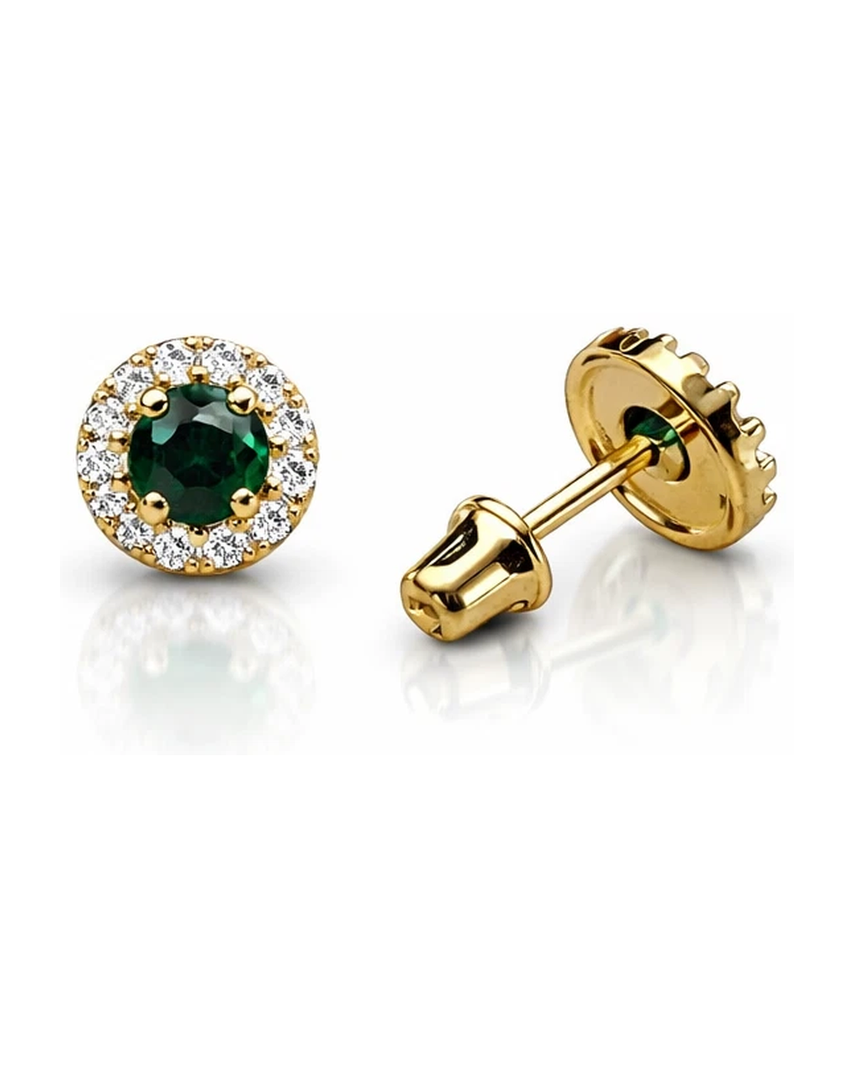 14K Yellow Gold Halo CZ Birthstone Stud Earrings with Screw Back