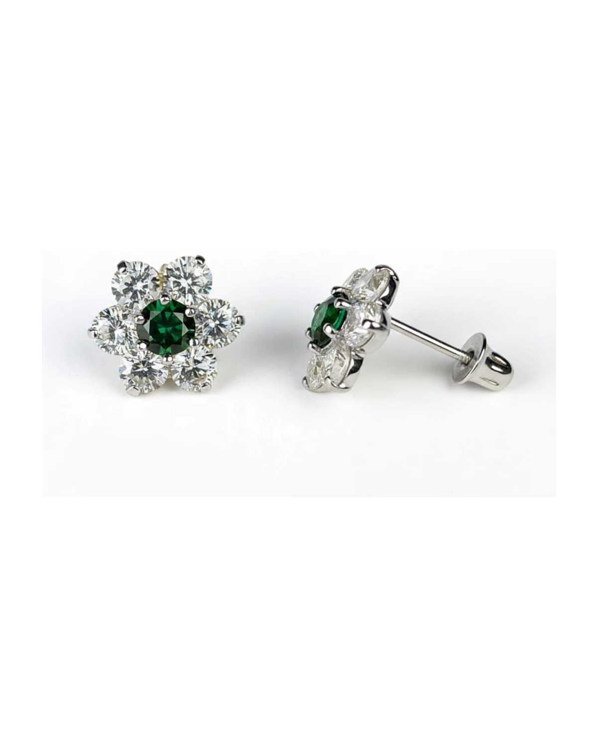 14K White Gold Flower CZ Stud Earrings with Screw Back