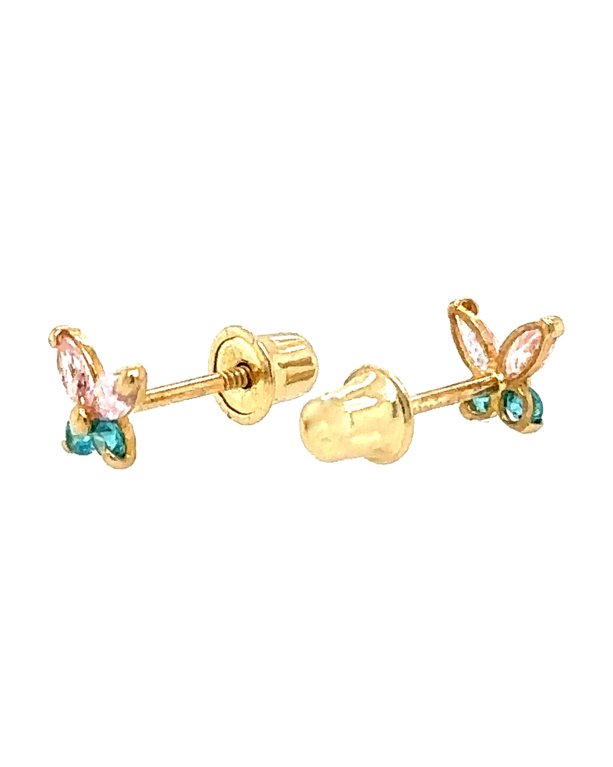 14K Yellow and White Gold Tiny Butterfly CZ Stud Earrings with Screw Back