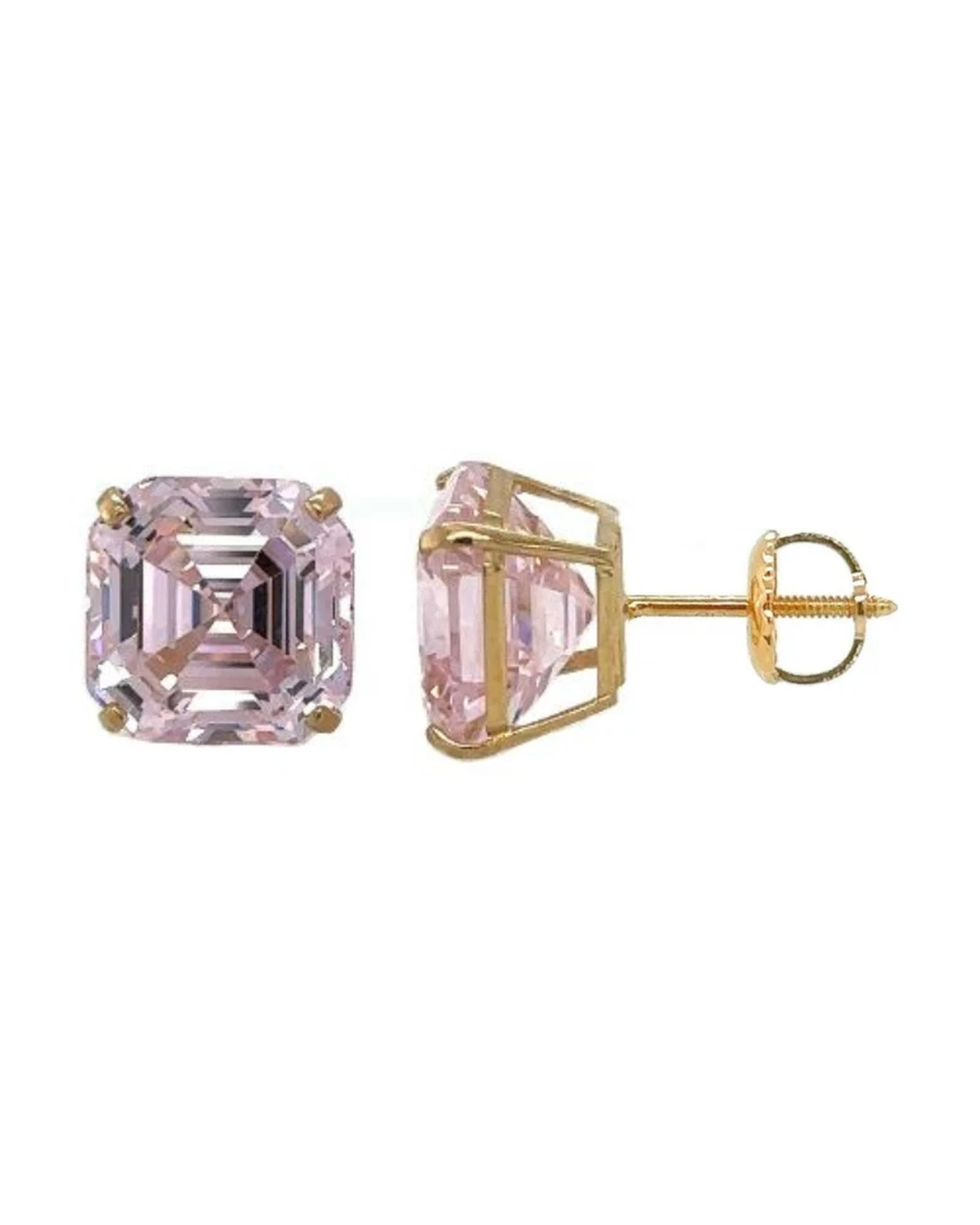 14K Yellow Gold Asscher Cut CZ Stud Earrings with Screw Back - 5mm to 10mm