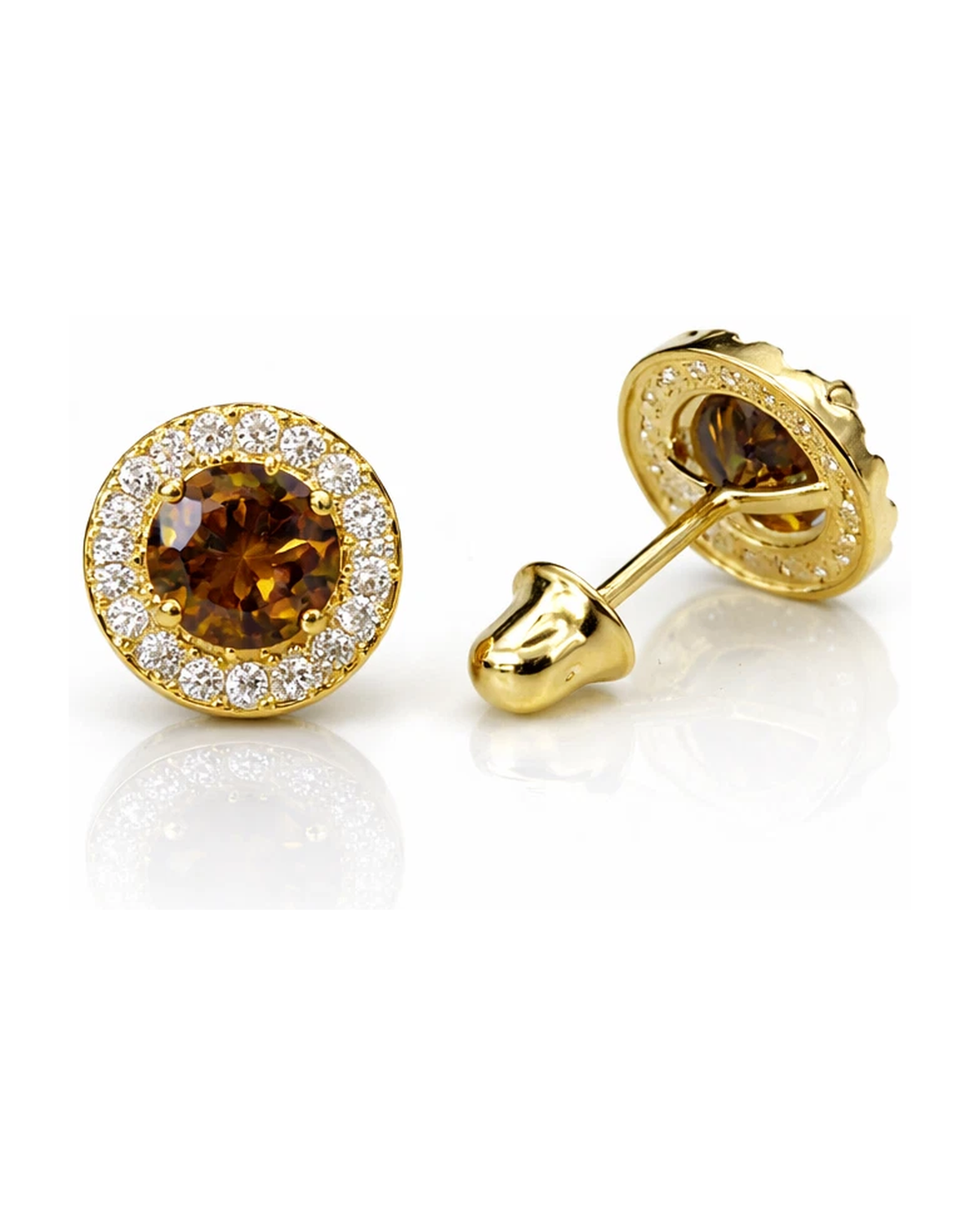 14K Yellow Gold Halo CZ Stud Earrings with Screw Back