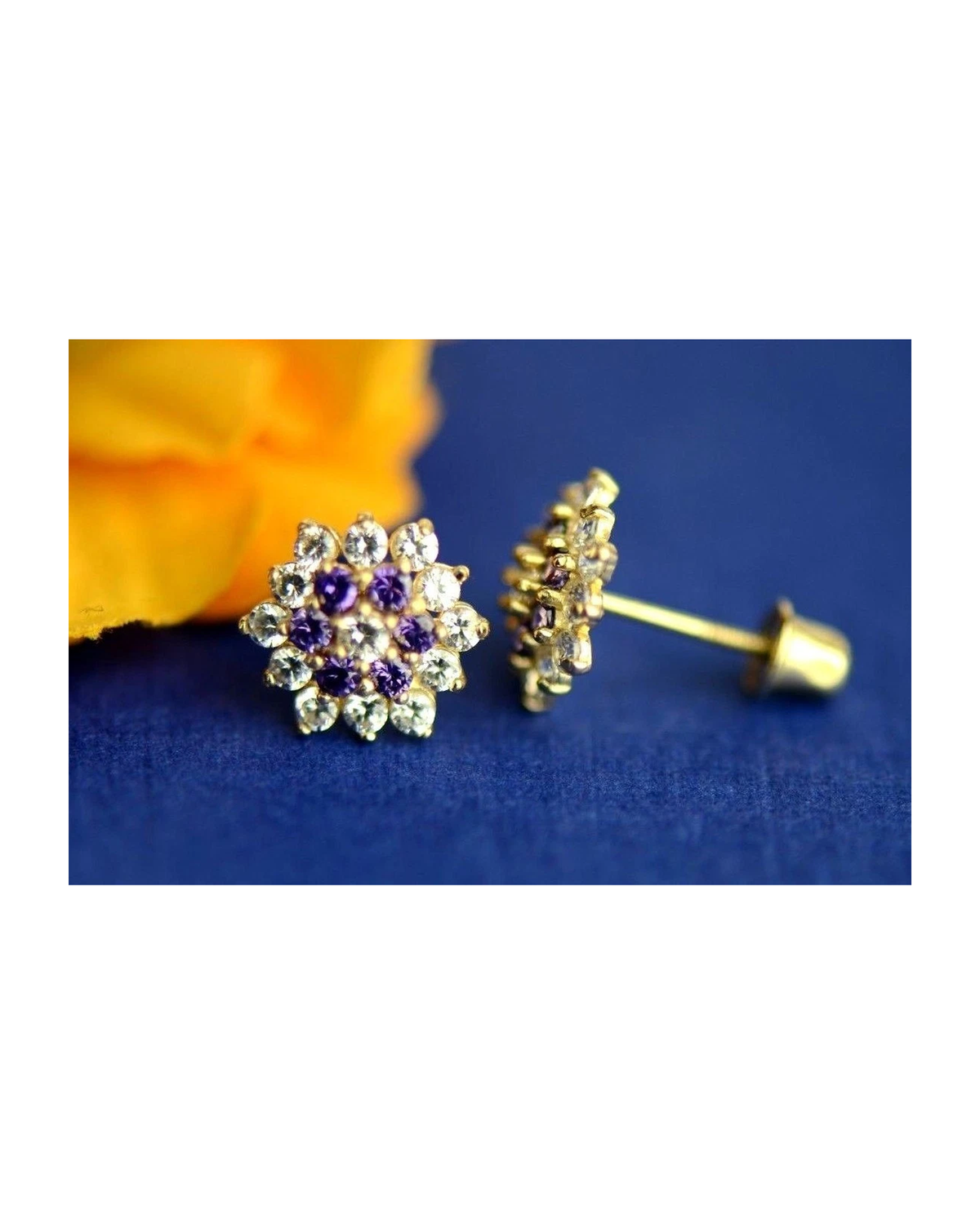 14K Yellow Gold Flower CZ Stud Earrings with Screw Back
