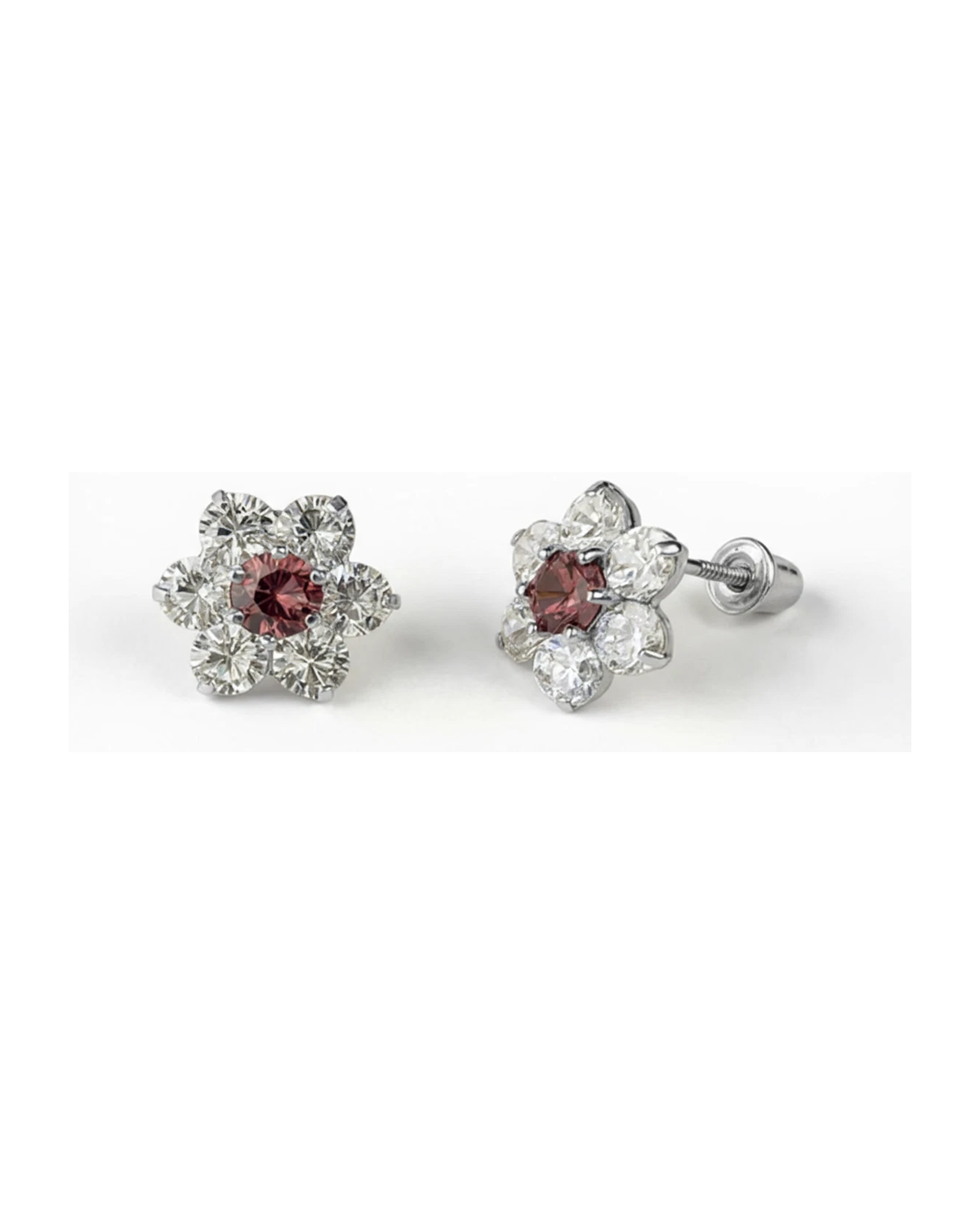 14K White Gold Flower CZ Stud Earrings with Screw Back