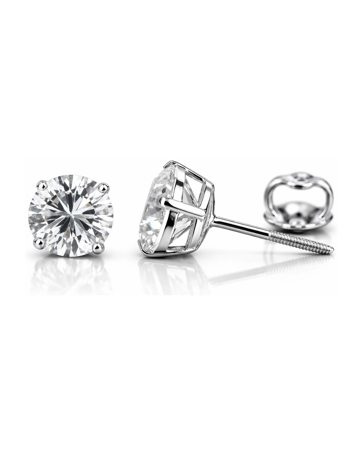 14K White Gold Round CZ Stud Earrings with Screw Back - 3mm to 12mm