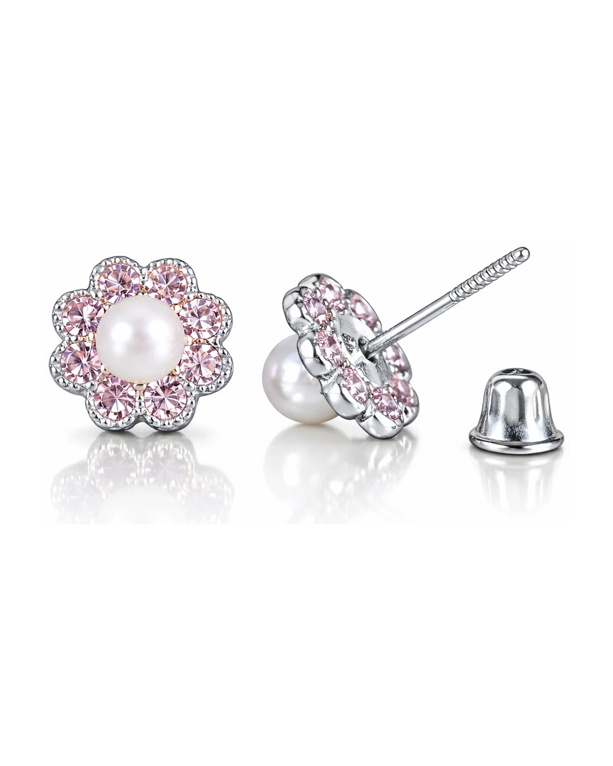 14K Yellow and White Gold Flower Pearl CZ Birthstone Stud Earrings with Screw Back