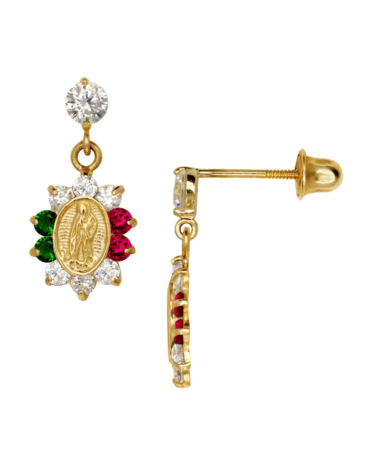 14K Yellow Gold Virgen de Guadalupe CZ Stud Earrings with Screw Back