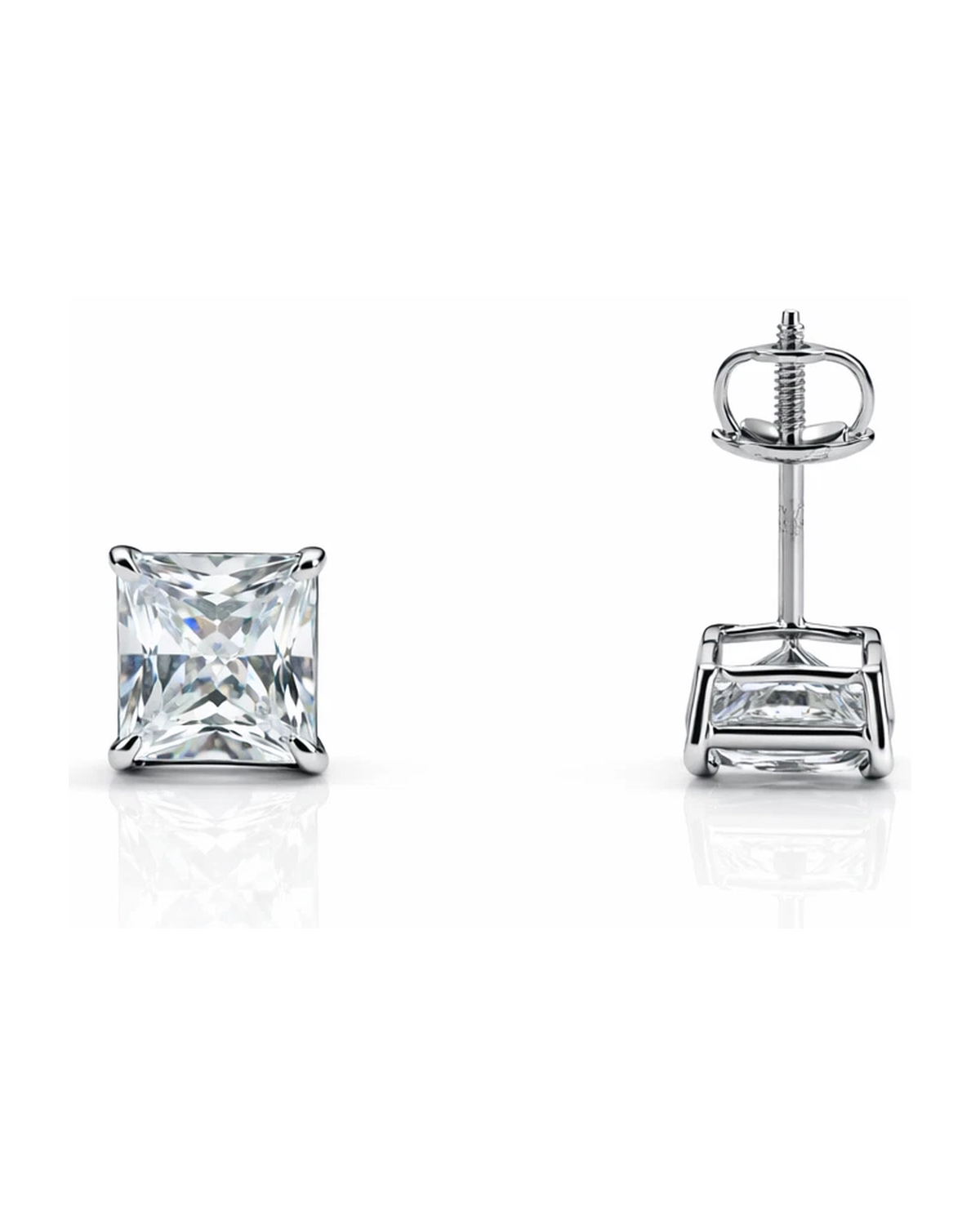 14K White Gold Square CZ Stud Earrings with Screw Back - 3x3mm to 10x10mm