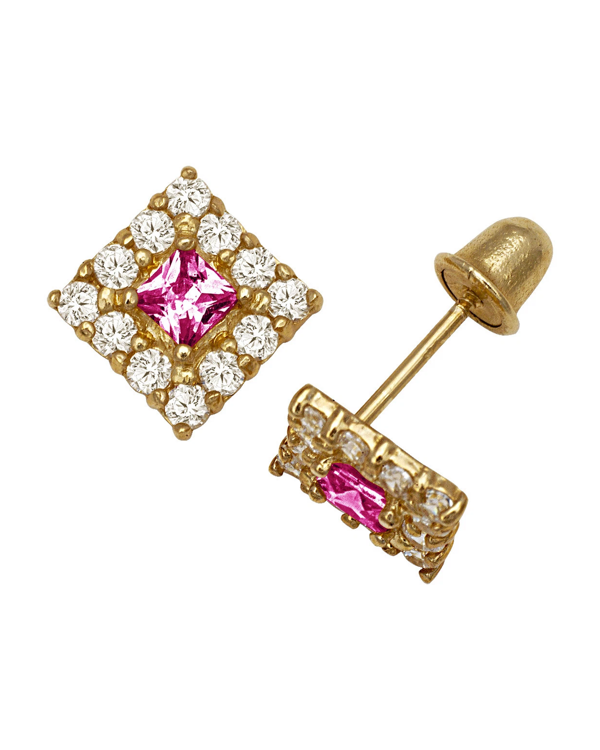 14K Yellow and White Gold CZ Birthstone Stud Earrings with Screw Back