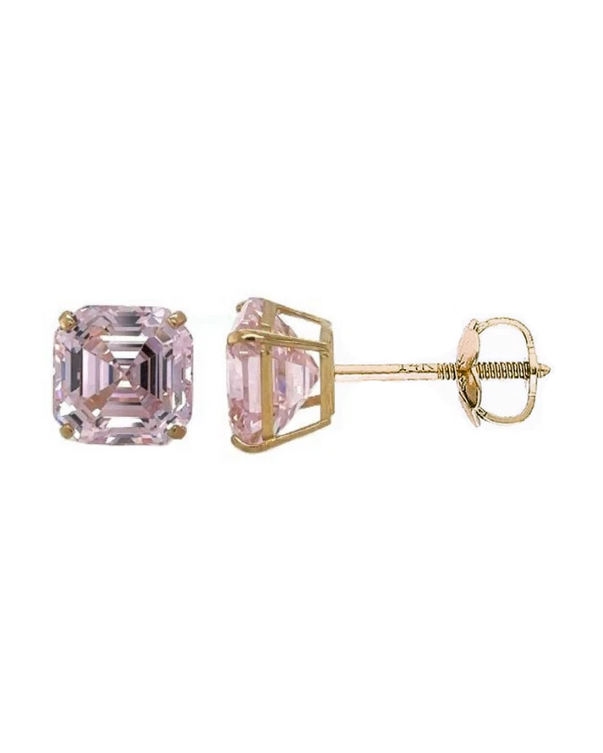 14K Yellow Gold Asscher Cut CZ Stud Earrings with Screw Back - 5mm to 10mm