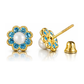 14K Yellow and White Gold Flower Pearl CZ Birthstone Stud Earrings with Screw Back