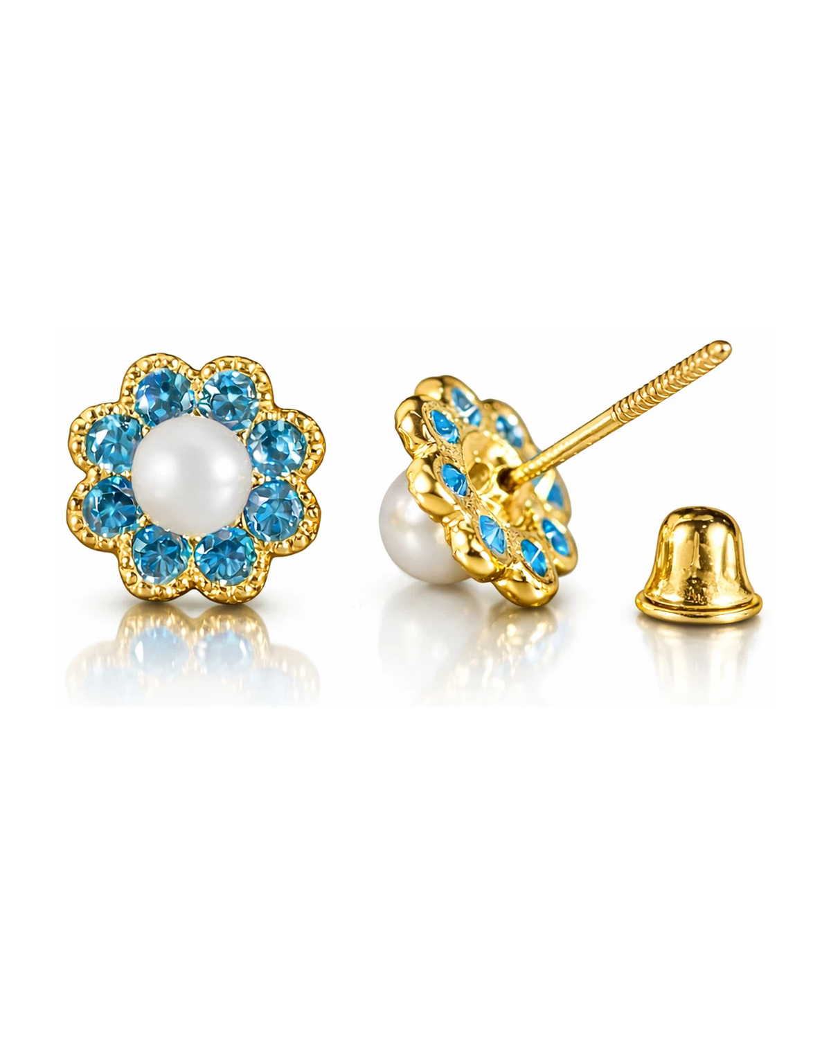 14K Yellow and White Gold Flower Pearl CZ Birthstone Stud Earrings with Screw Back