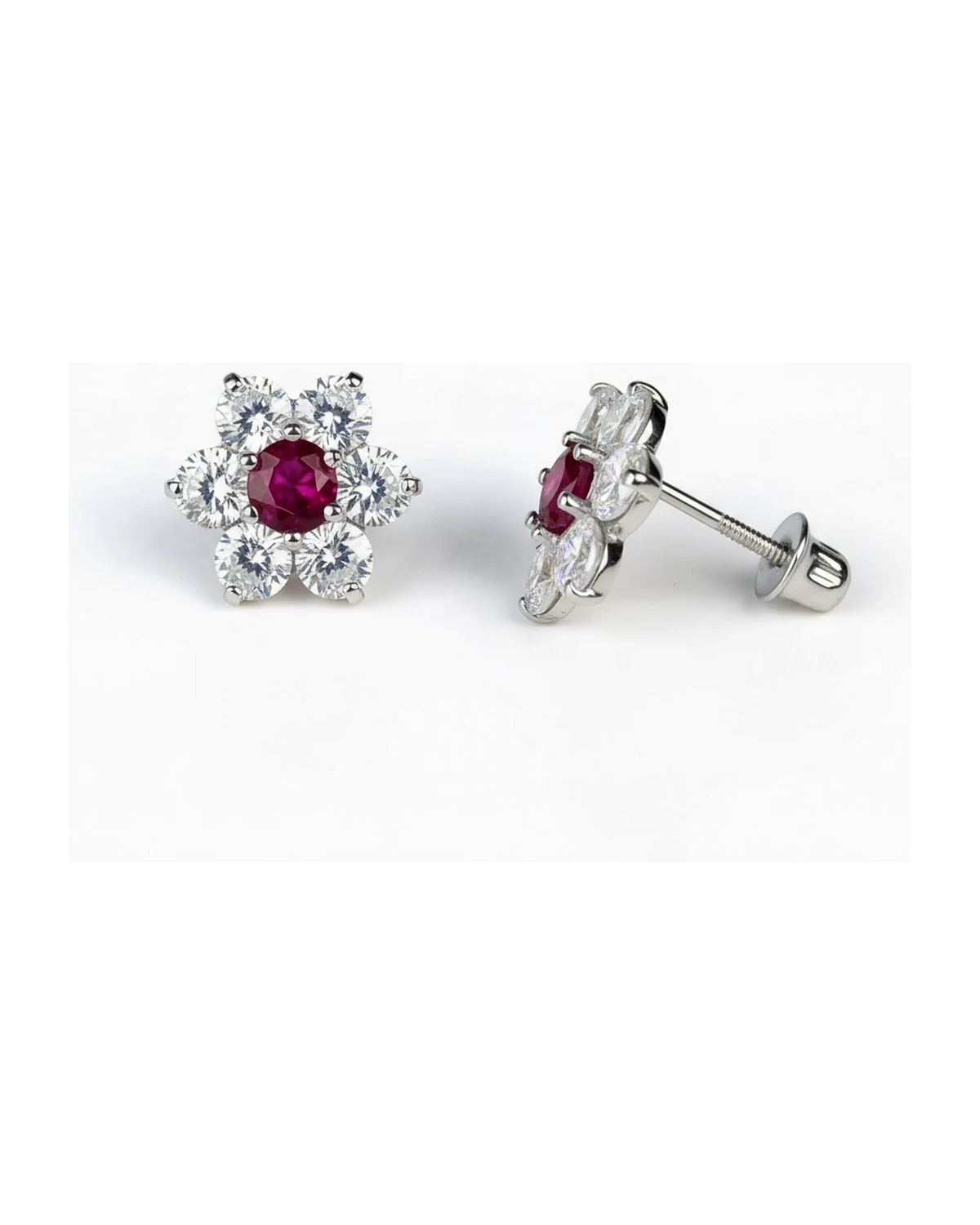 14K White Gold Flower CZ Stud Earrings with Screw Back