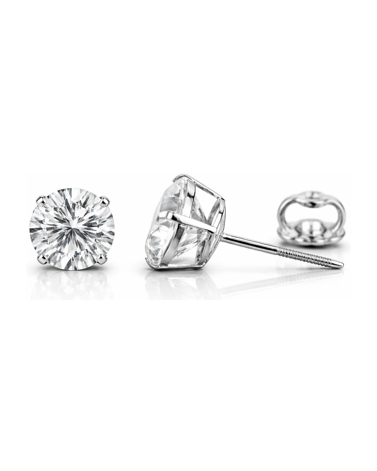 14K White Gold Round CZ Stud Earrings with Screw Back - 3mm to 12mm
