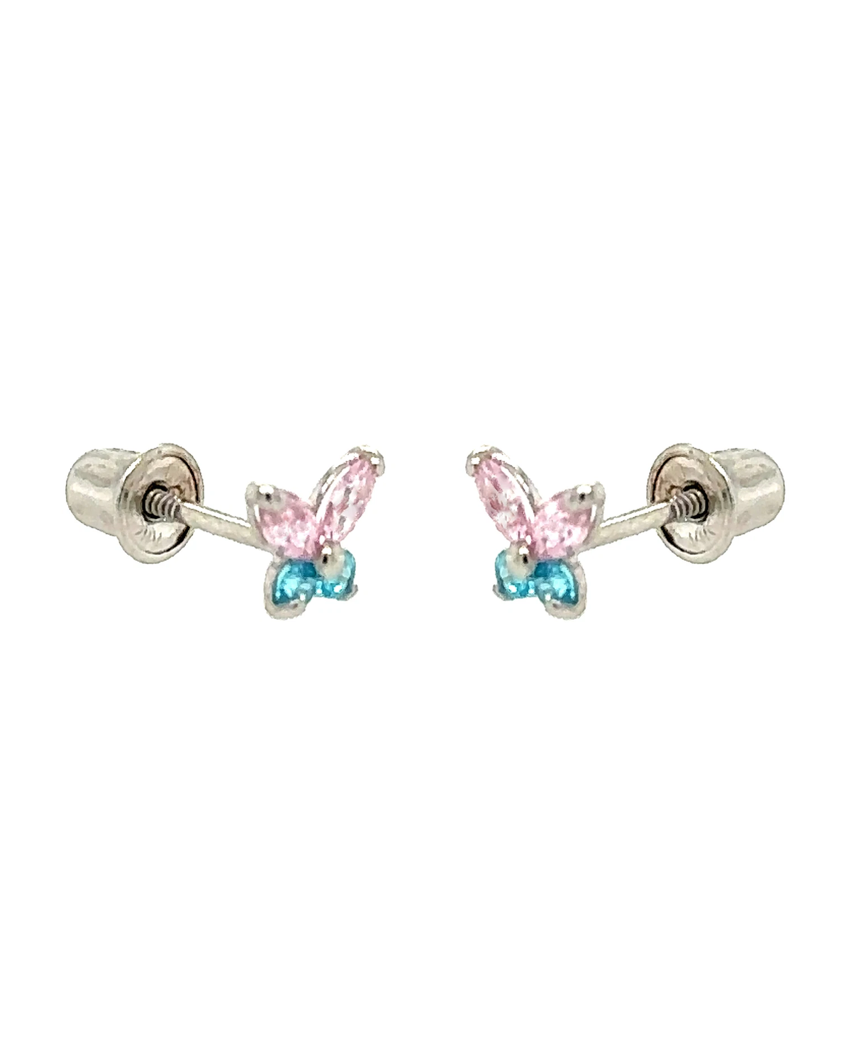 14K Yellow and White Gold Tiny Butterfly CZ Stud Earrings with Screw Back