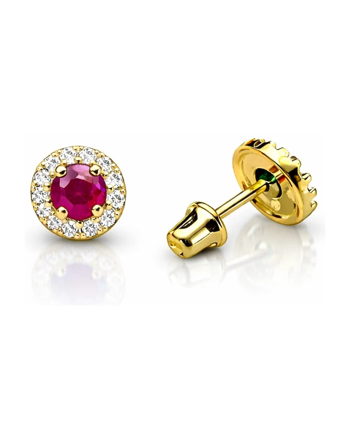 14K Yellow Gold Halo CZ Birthstone Stud Earrings with Screw Back