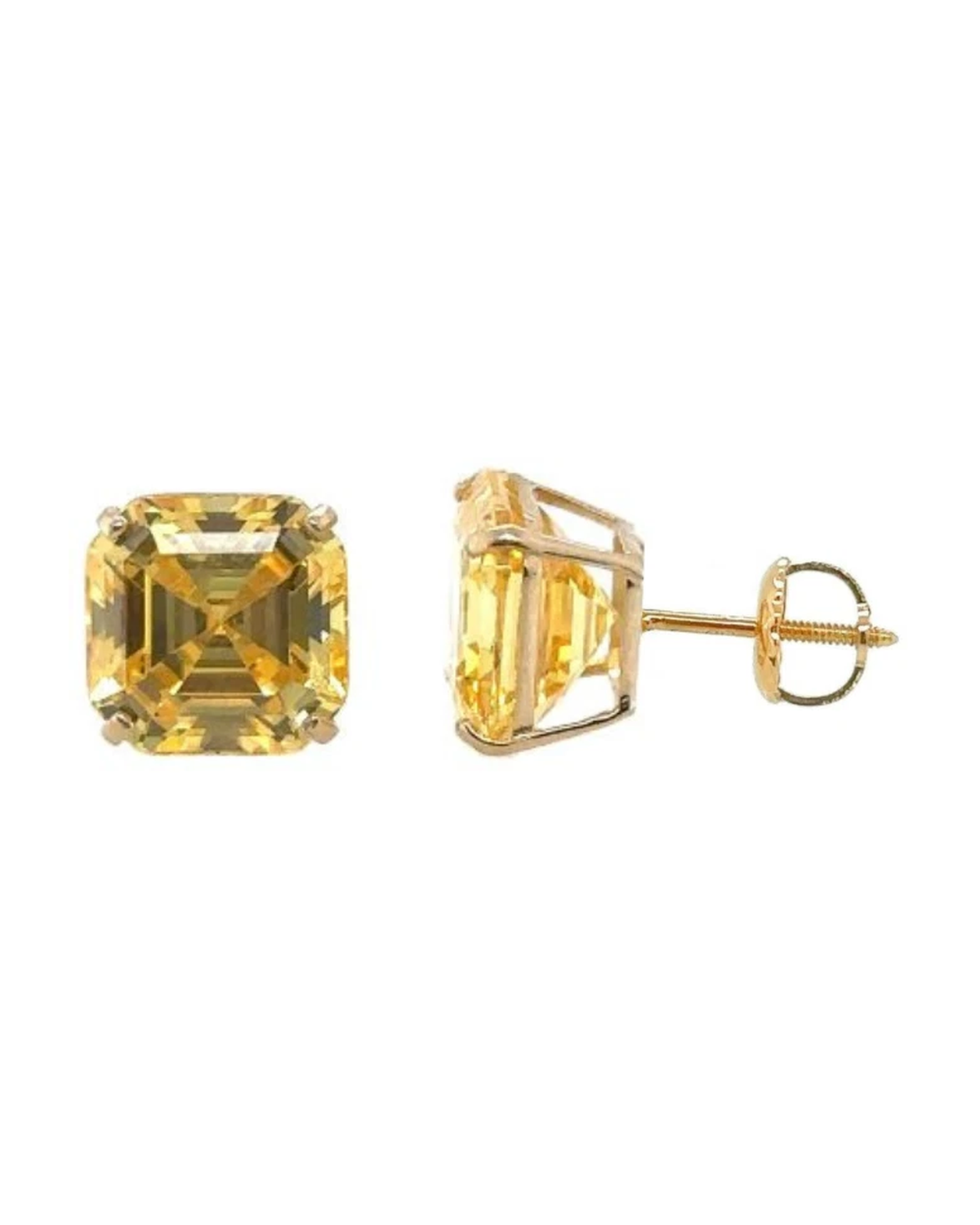 14K Yellow Gold Asscher Cut CZ Stud Earrings with Screw Back - 5mm to 10mm