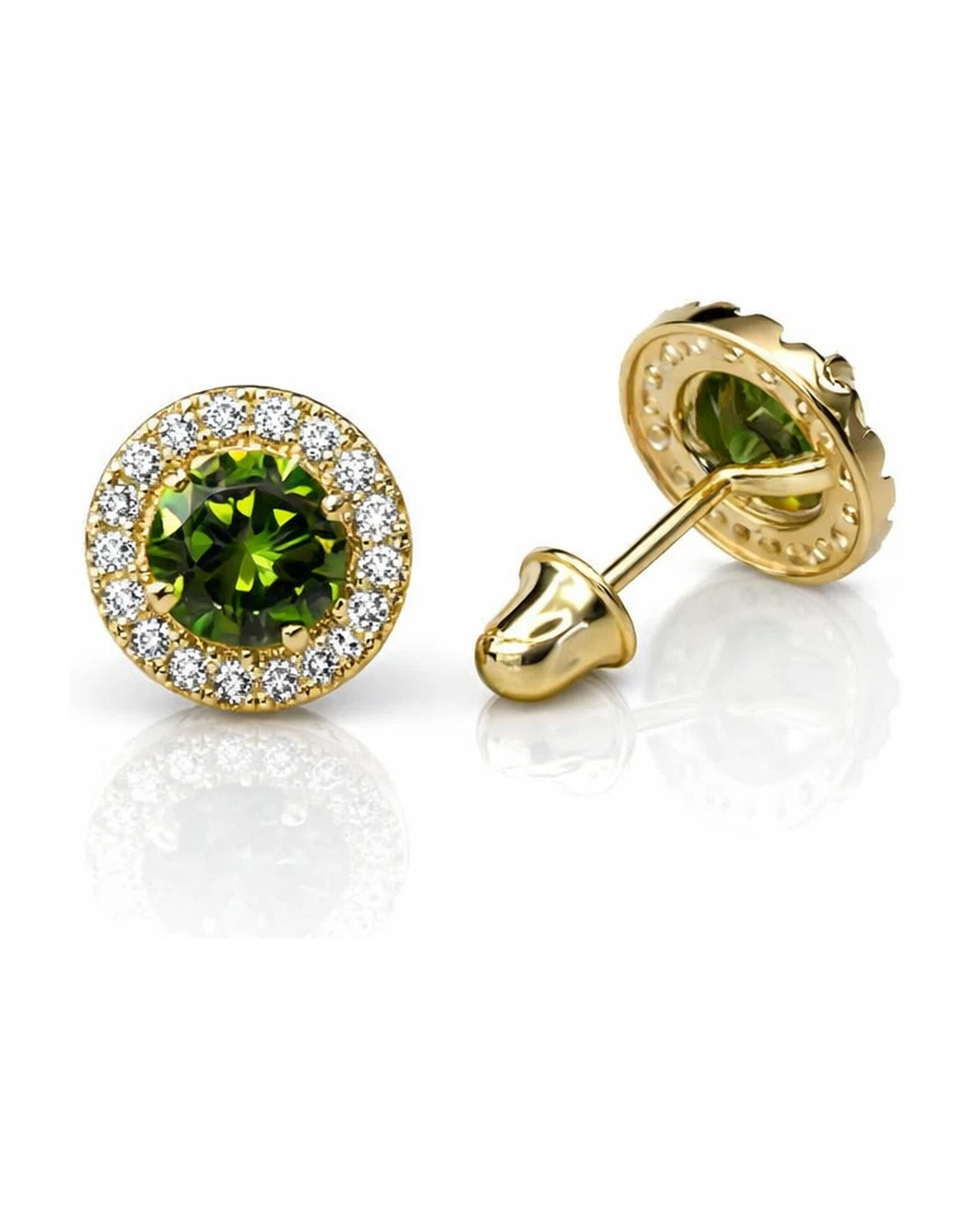 14K Yellow Gold Halo CZ Stud Earrings with Screw Back