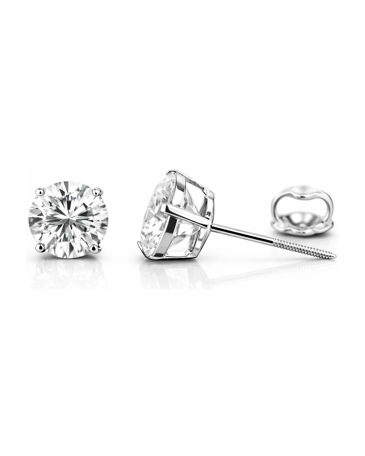 14K White Gold Round CZ Stud Earrings with Screw Back - 3mm to 12mm