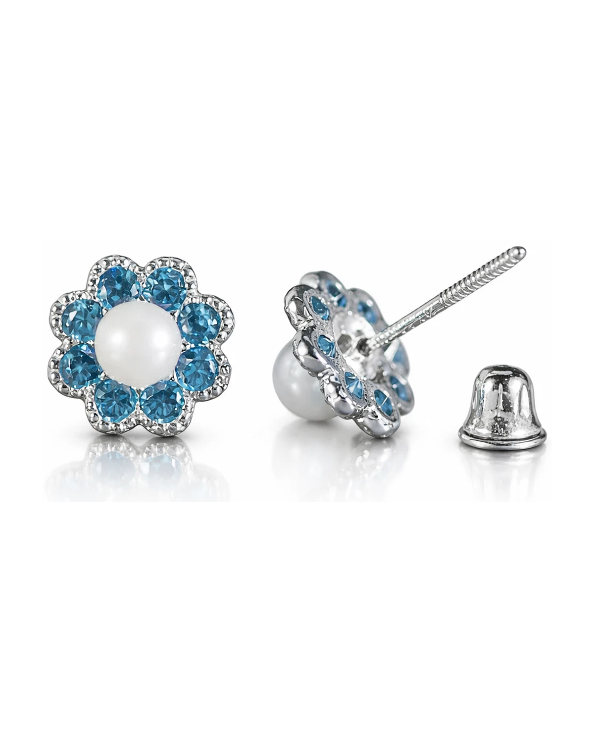 14K Yellow and White Gold Flower Pearl CZ Birthstone Stud Earrings with Screw Back
