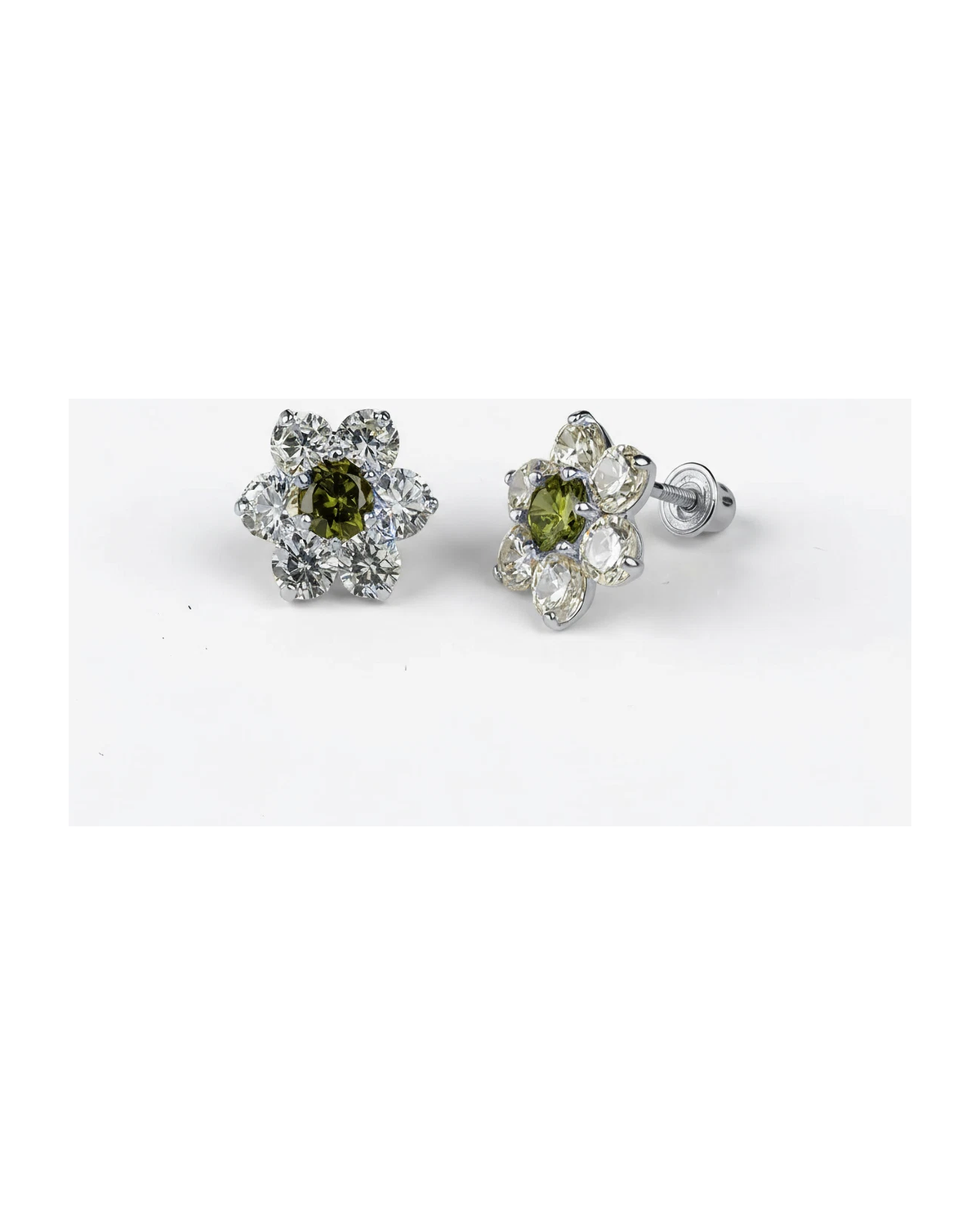 14K White Gold Flower CZ Stud Earrings with Screw Back