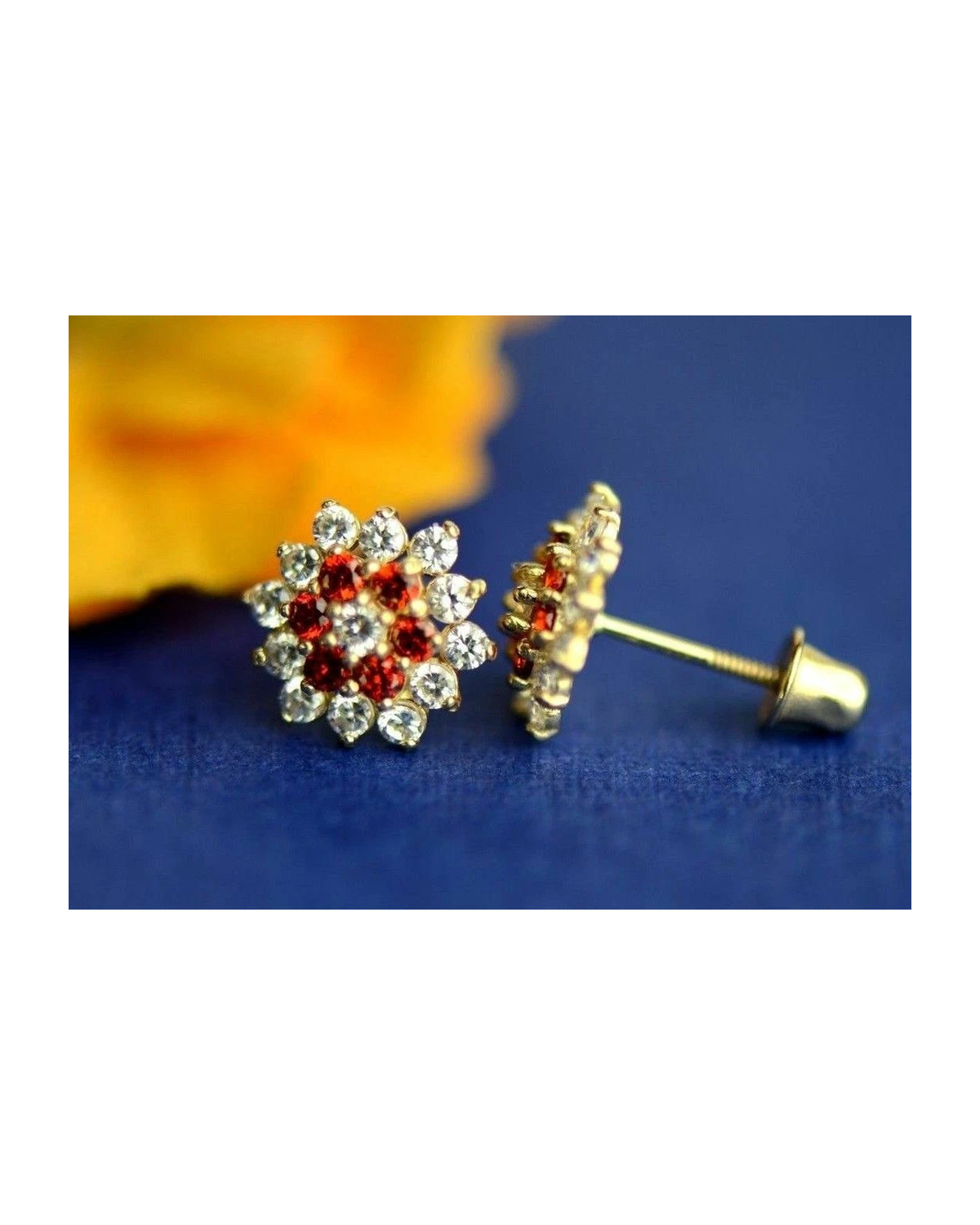 14K Yellow Gold Flower CZ Stud Earrings with Screw Back