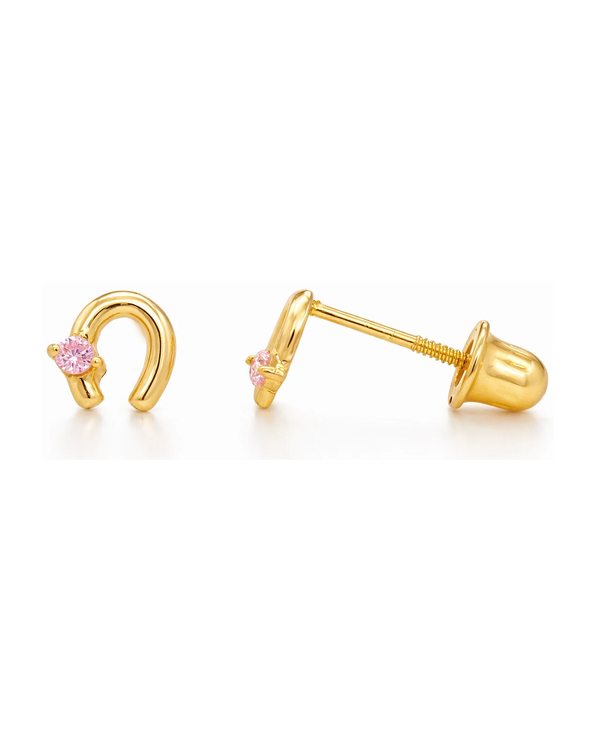 14K Yellow and White Gold Horseshoe CZ Stud Earrings with Screw Back - Clear, Pink and Ruby