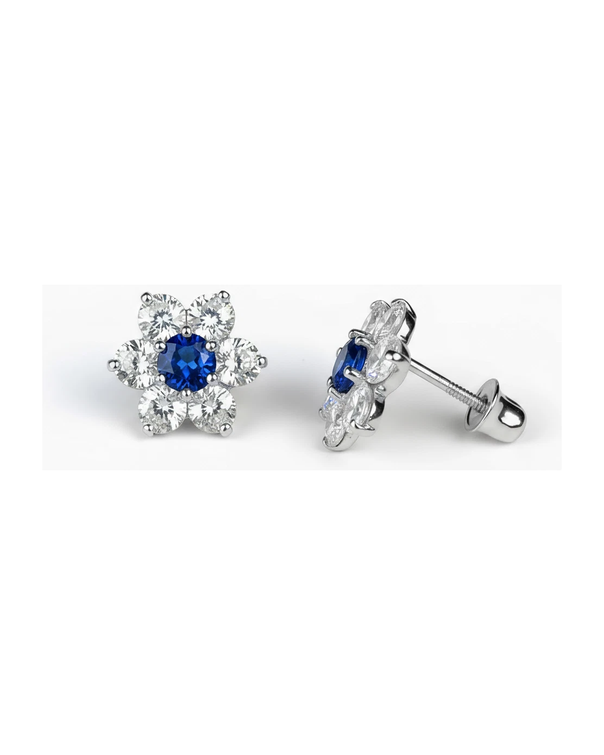14K White Gold Flower CZ Stud Earrings with Screw Back