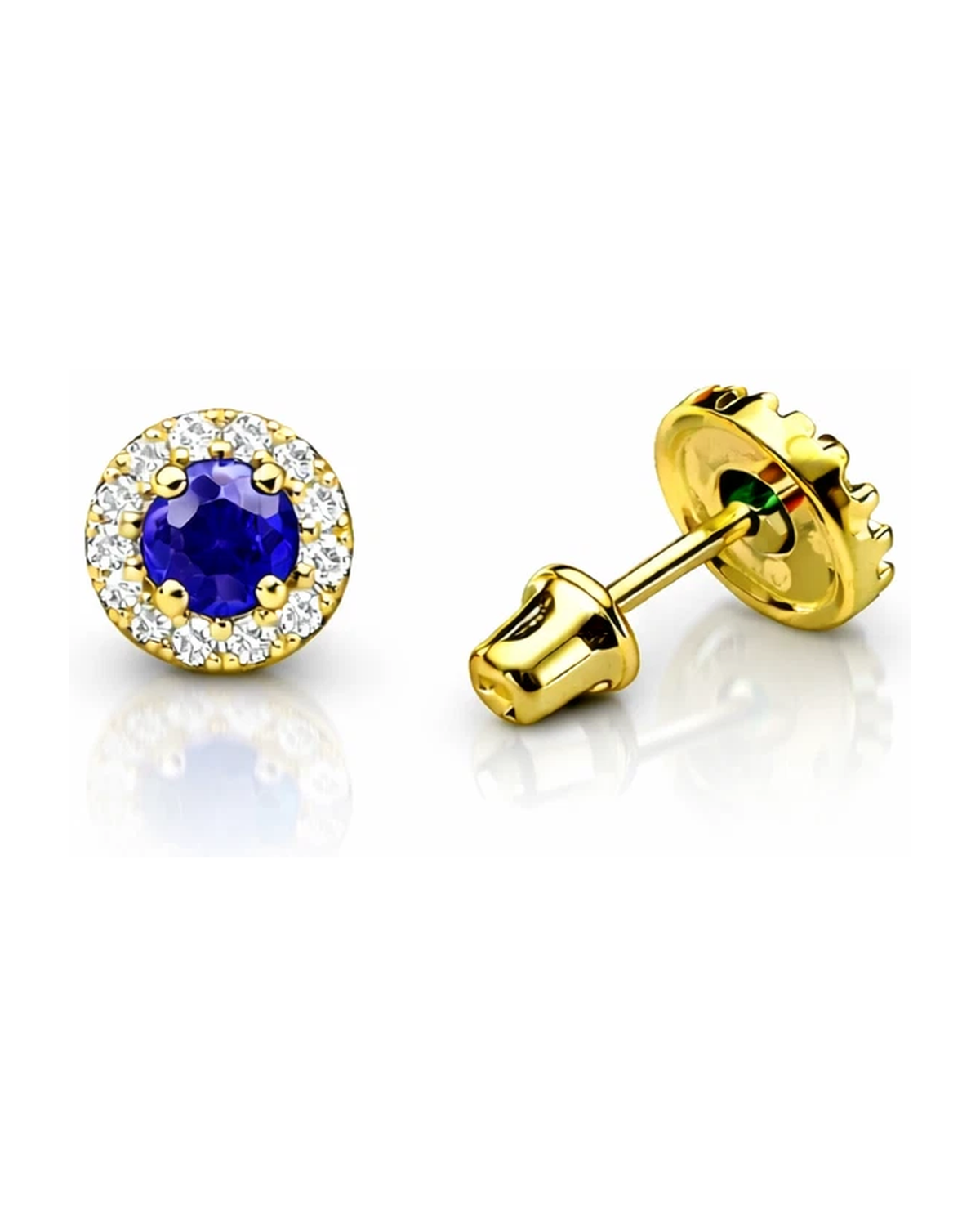 14K Yellow Gold Halo CZ Birthstone Stud Earrings with Screw Back