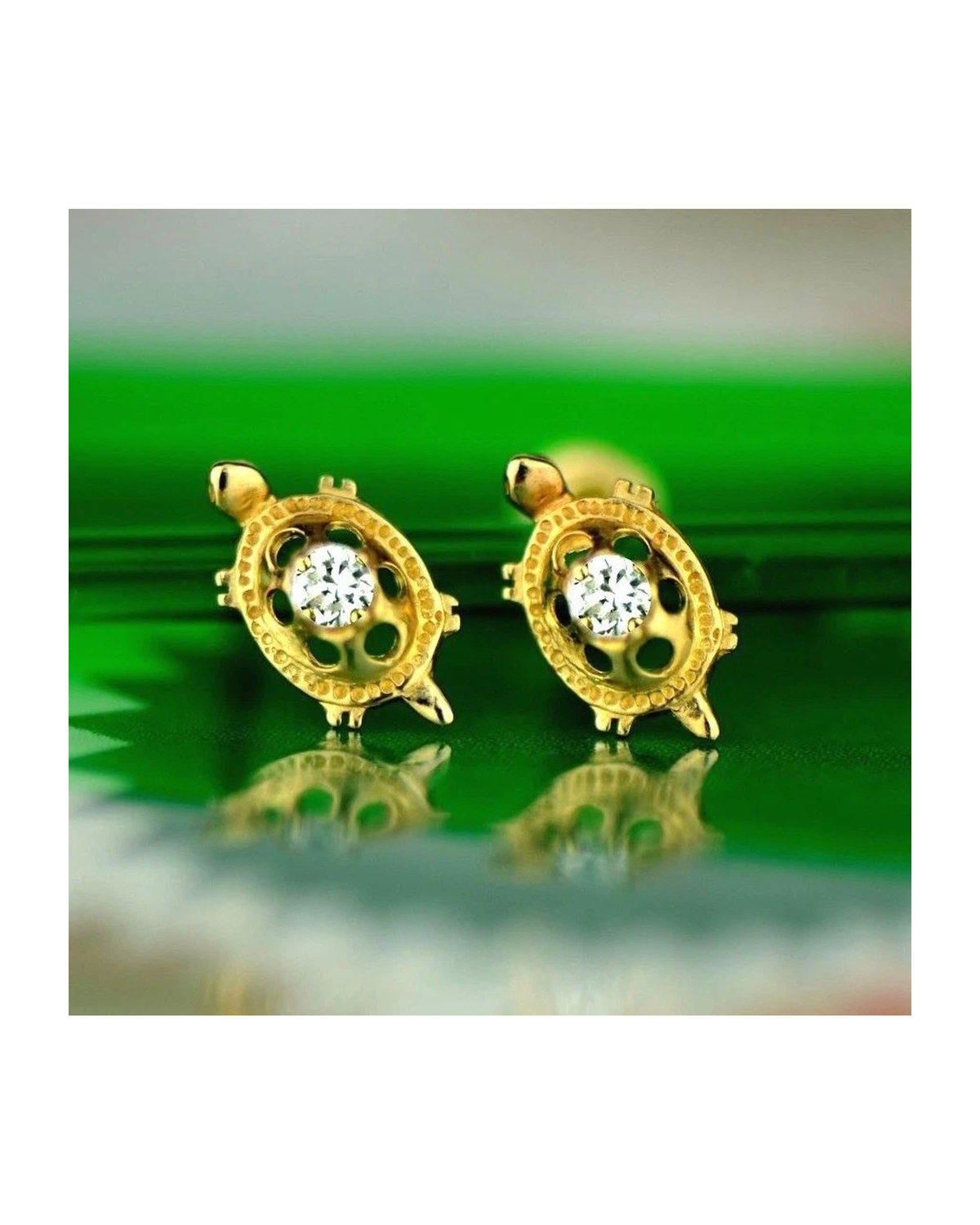 14K Yellow Gold Turtle CZ Stud Earrings with Screw Back