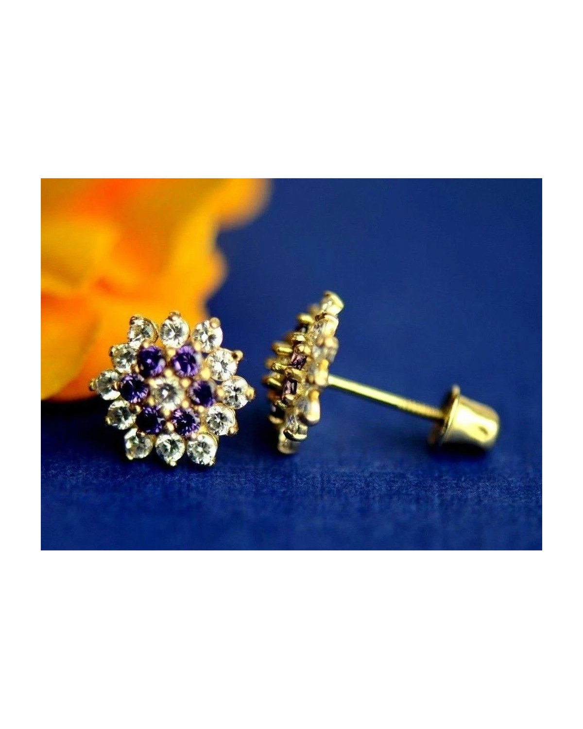 14K Yellow Gold Flower CZ Stud Earrings with Screw Back