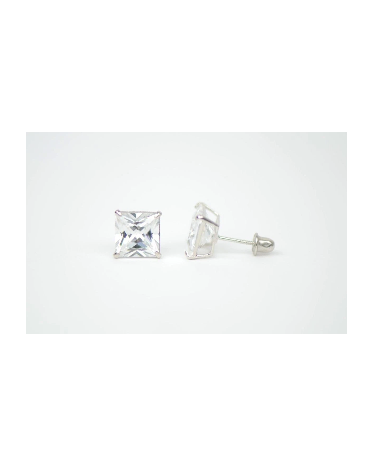 14K White Gold Square Princess Cut CZ Stud Earrings with Screw Back - 3mm to 7mm