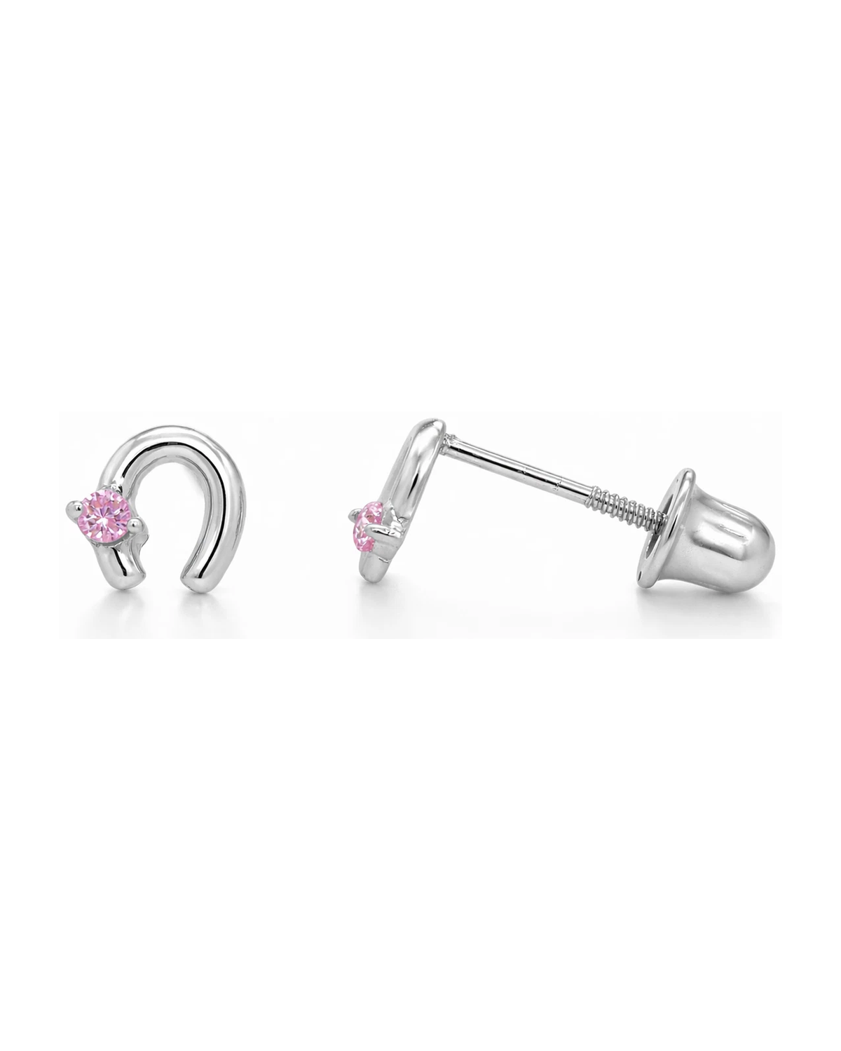 14K Yellow and White Gold Horseshoe CZ Stud Earrings with Screw Back - Clear, Pink and Ruby