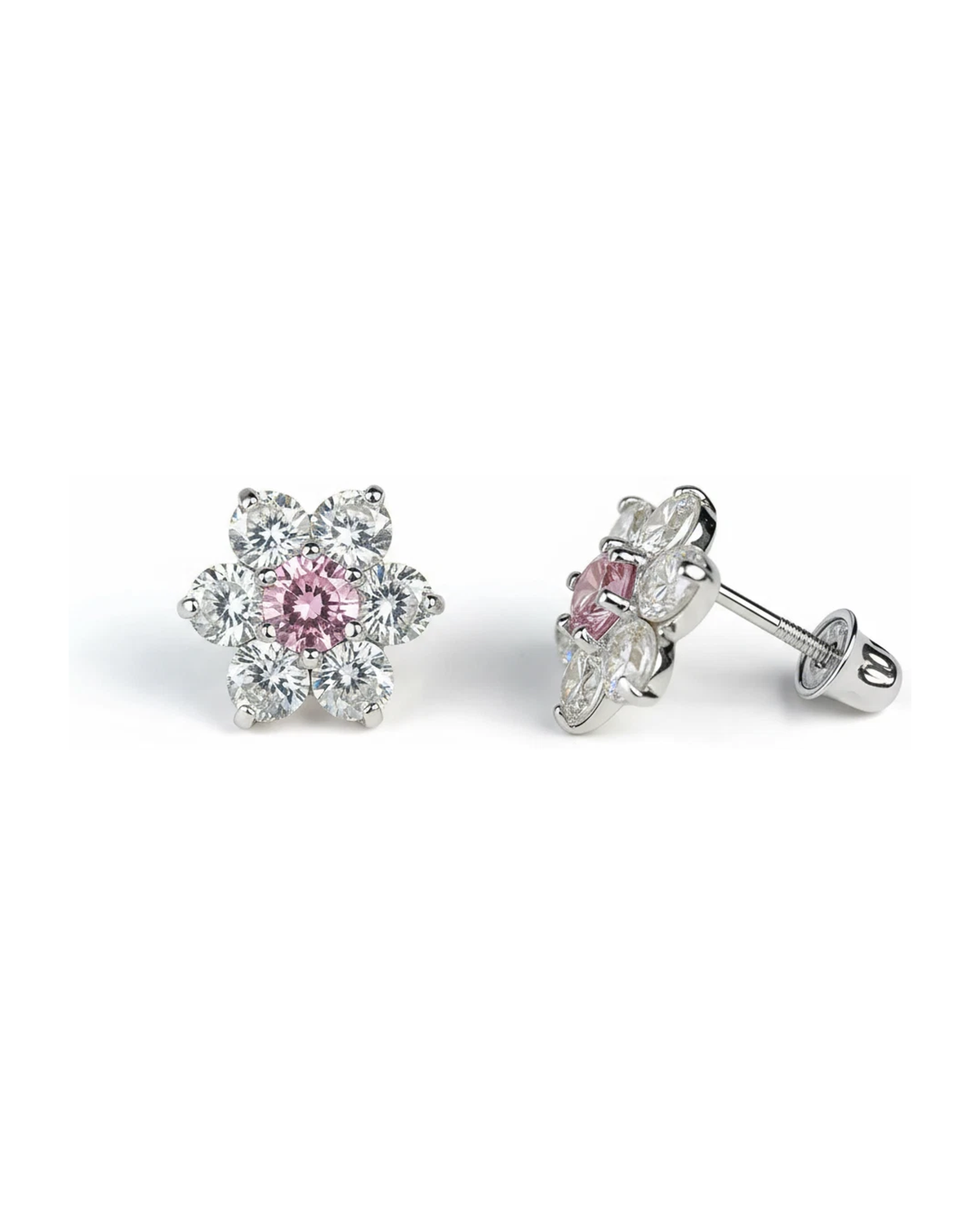 14K White Gold Flower CZ Stud Earrings with Screw Back