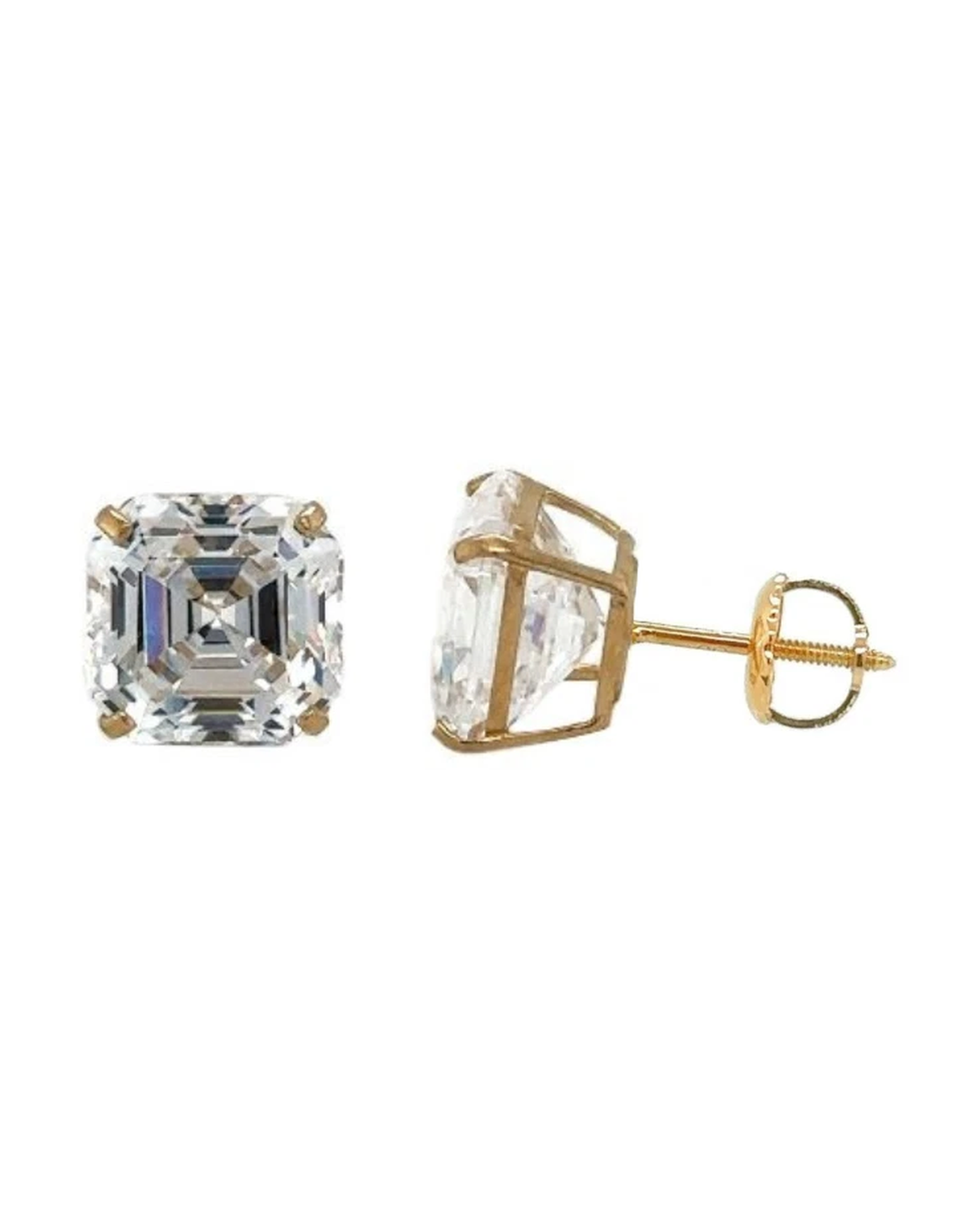 14K Yellow Gold Asscher Cut CZ Stud Earrings with Screw Back - 5mm to 10mm