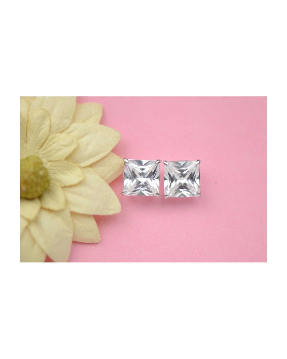 14K White Gold Square Princess Cut CZ Stud Earrings with Screw Back - 3mm to 7mm