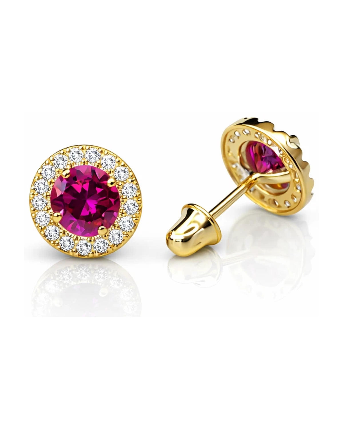 14K Yellow Gold Halo CZ Stud Earrings with Screw Back