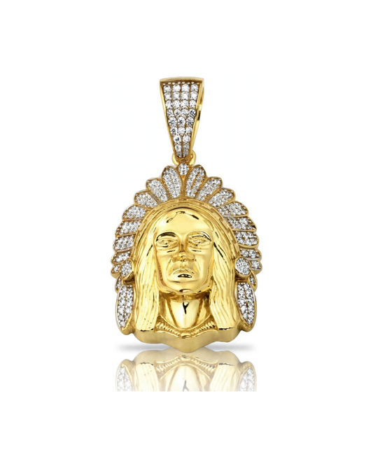 Indian Chief Head Pendant with CZ-Paved Feather Headdress - 10K Yellow Gold
