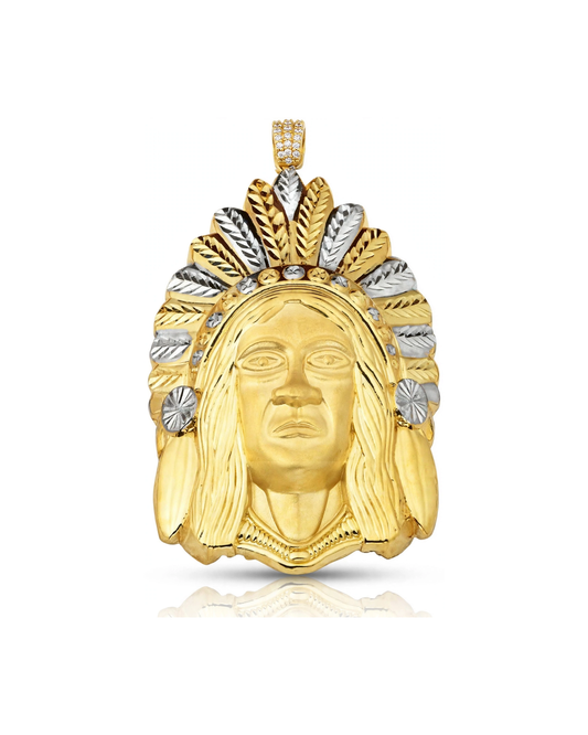 Indian Chief Head Pendant with Two-Tone Feather Headdress and CZ-Set Bail - 10K Yellow Gold