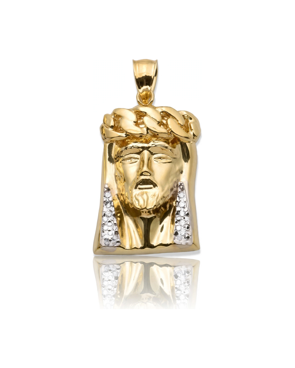 Two-Tone Jesus Face Braided Crown Beaded Hollow Back Pendant - 10K Gold
