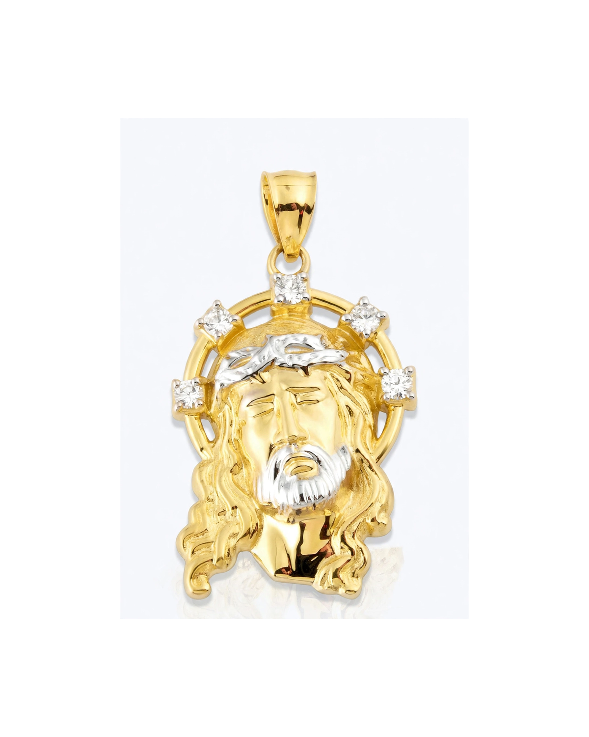 Jesus Face Pendant with CZ Halo and Two-Tone Crown - 10K Gold