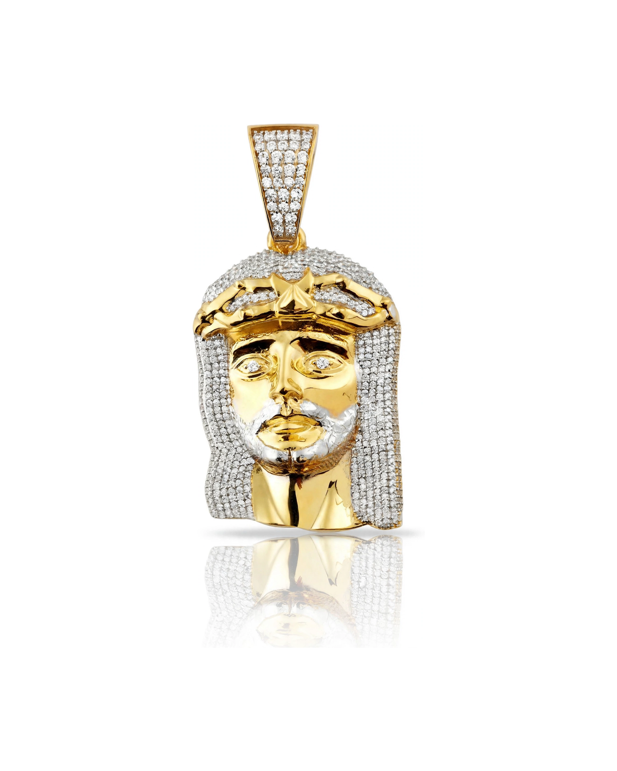 Jesus Face Pendant with CZ Pavé Hair and Gold Crown - 10K Gold
