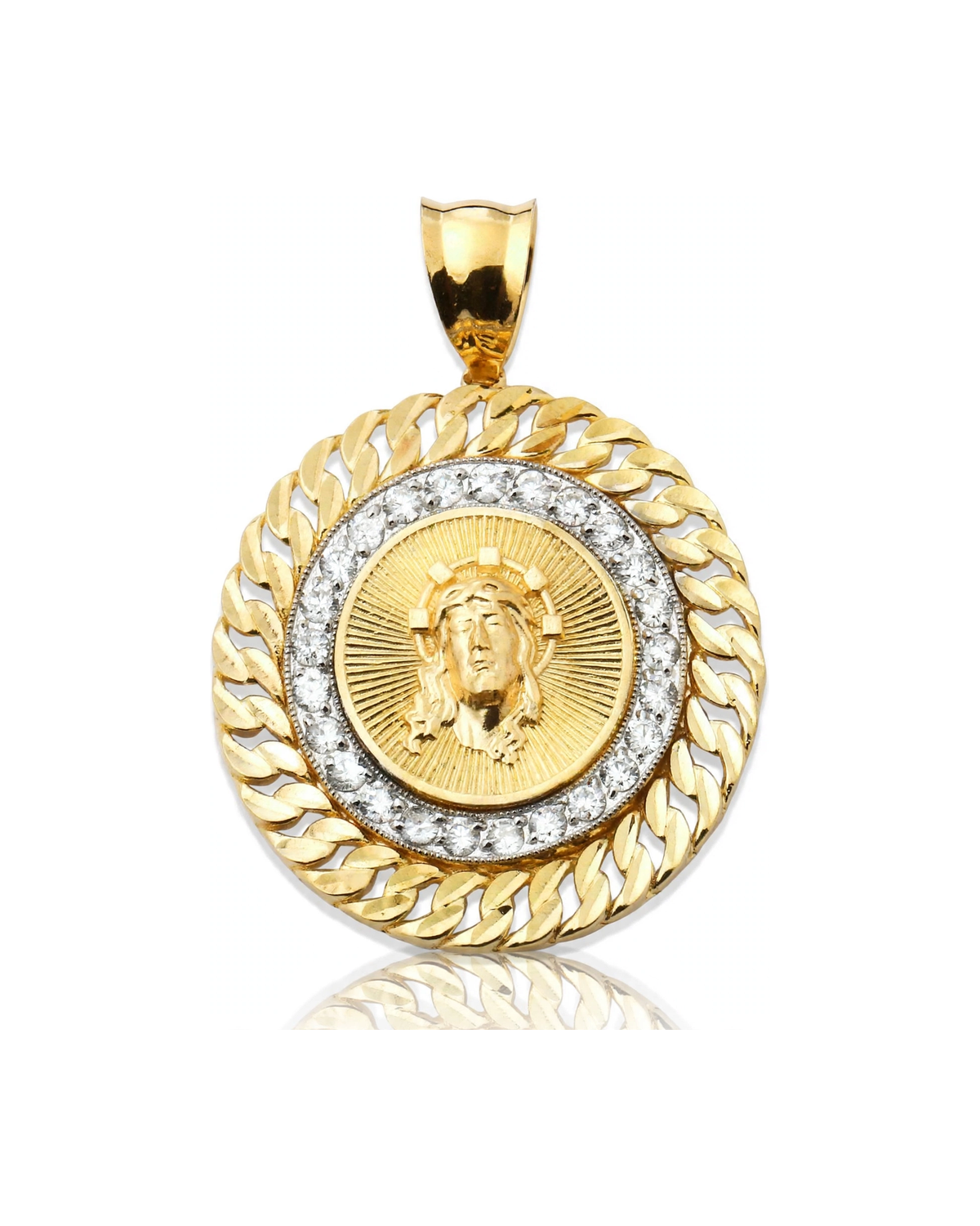 Jesus Face Cuban Frame CZ Halo Pendant - 10K Yellow Gold