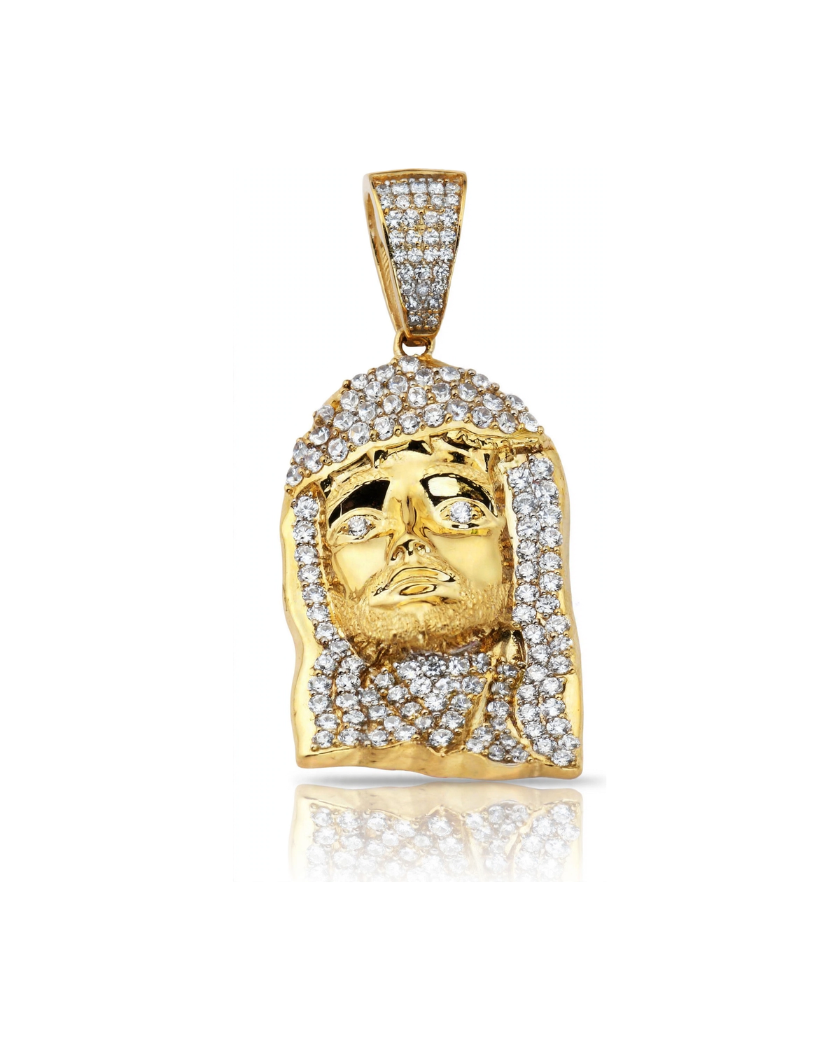 Jesus Face Pendant with Full CZ Frame and Pavé Bail - 10K Gold