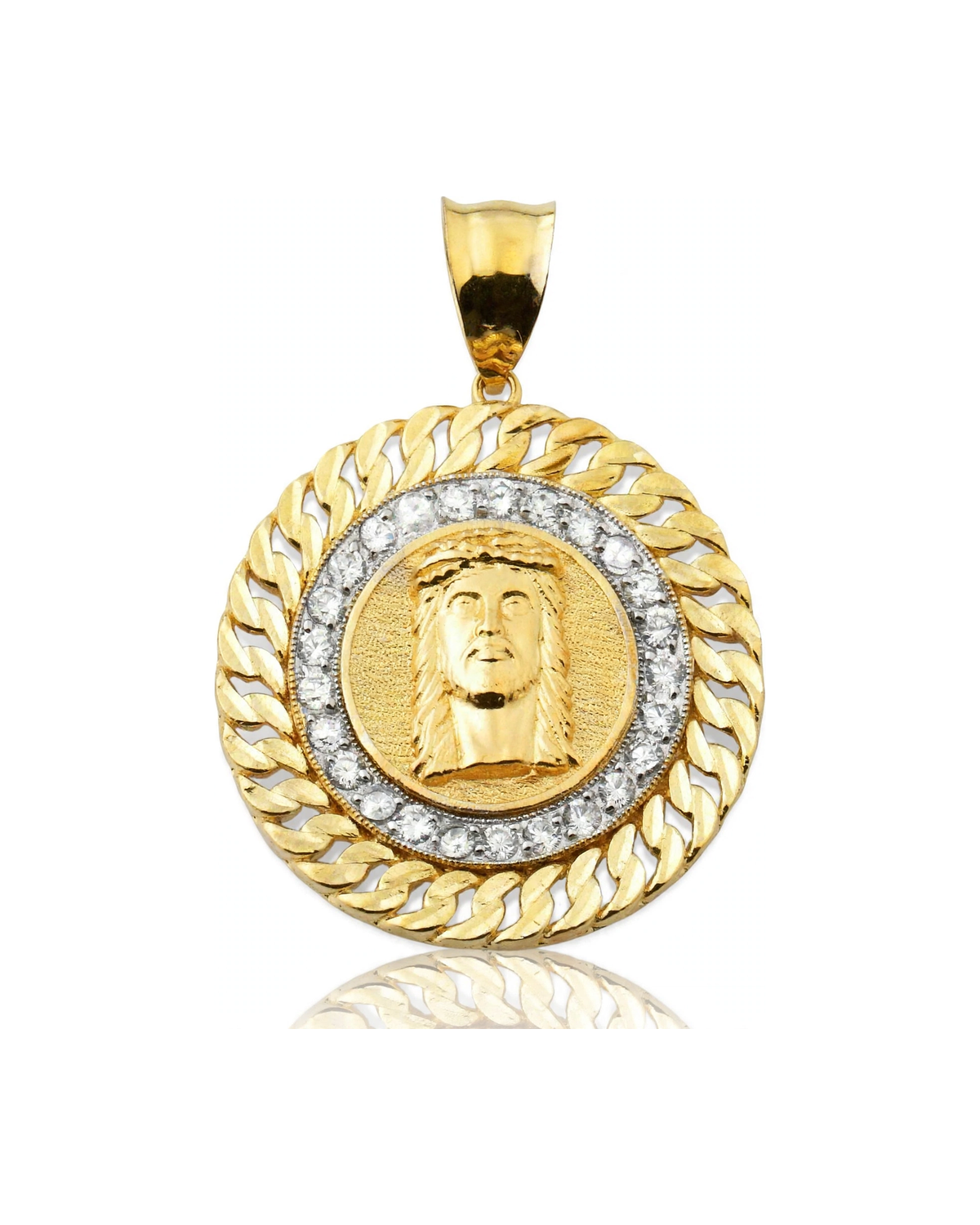 Jesus Portrait Cuban Frame CZ Halo Pendant - 10K Yellow Gold