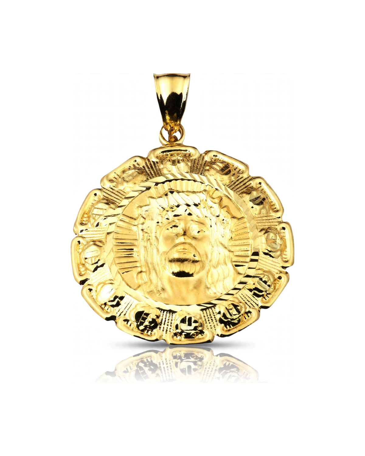 Jesus Face Scalloped Medallion Pendant Textured Small - 10K Yellow Gold
