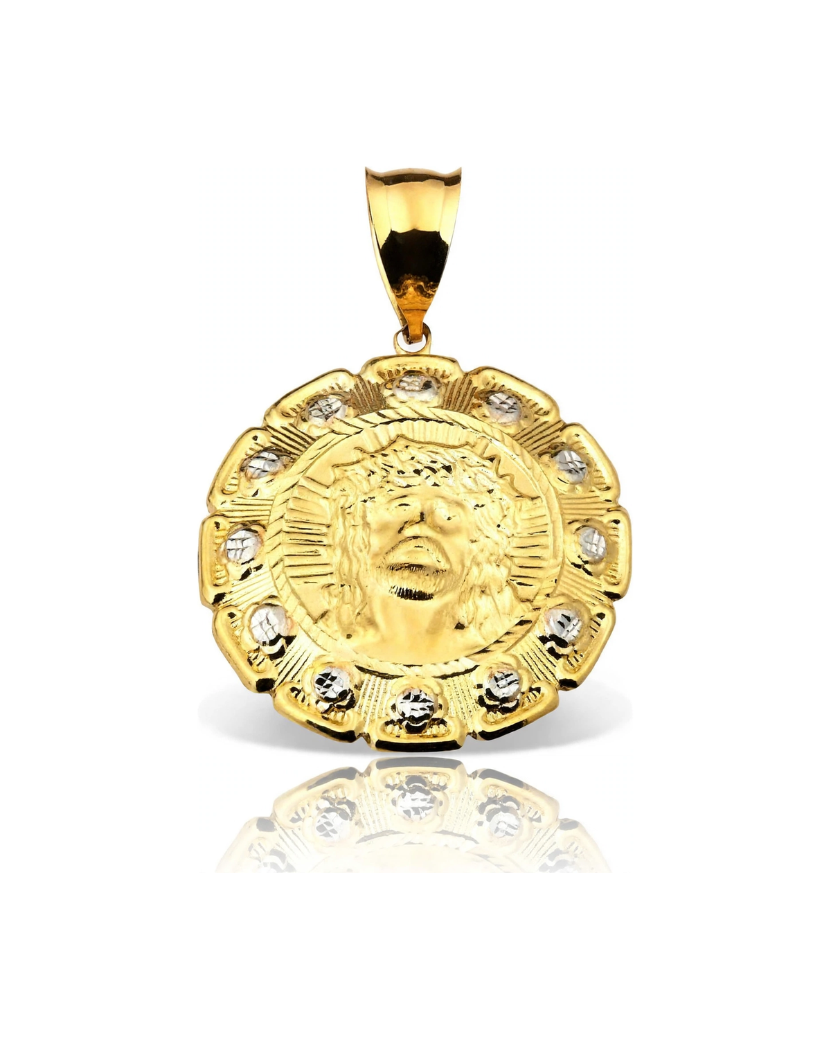 Jesus Face Scalloped Medallion Pendant with White Gold Nuggets - 10K Gold