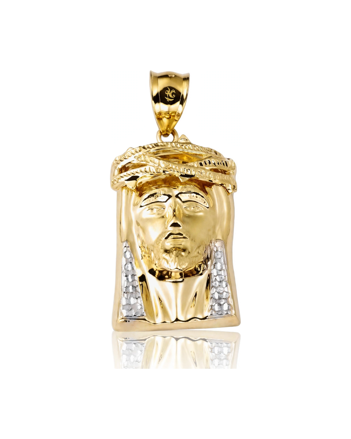 Two-Tone Jesus Face Thorn Band Beaded Lattice Back Pendant - 10K Gold