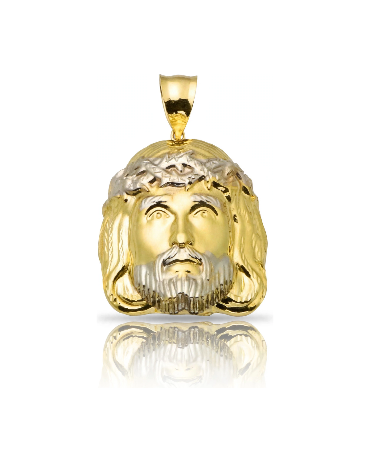 Jesus Head Pendant with White Thorn Crown and Curled Hair Ends - 10K Gold
